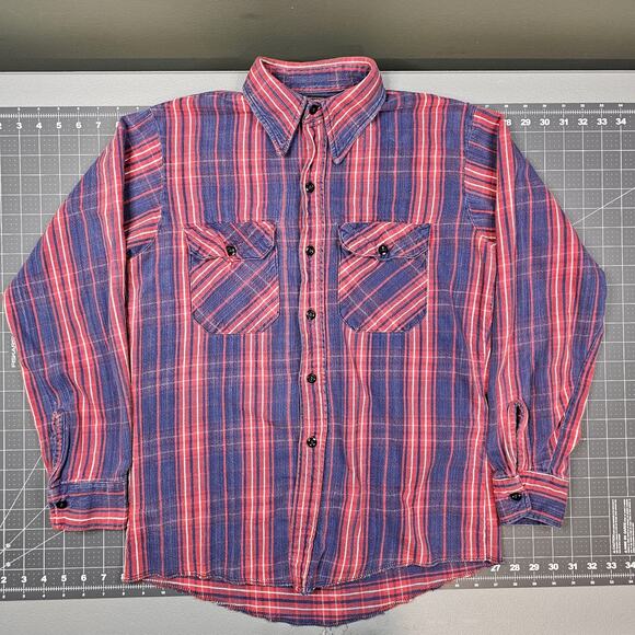 Vintage Dee Cee Flannel Shirt Medium 70s Plaid Blue Red Heavy Workwear Grunge - Picture 1 of 13